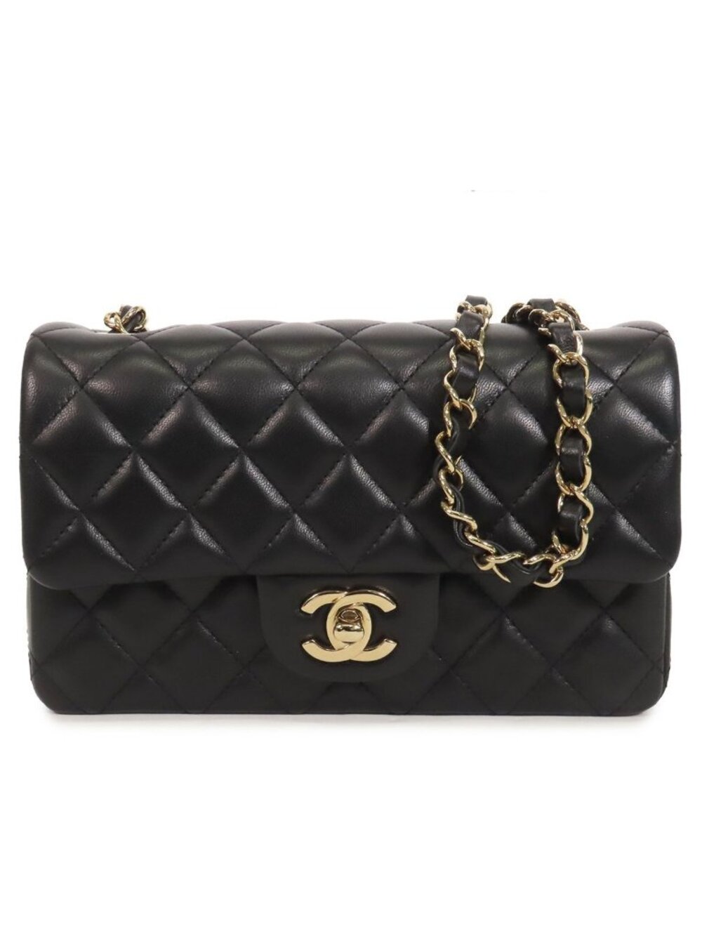 Chanel Classic Black Gold Lambskin Quilted Mini Chain Shoulder Bag